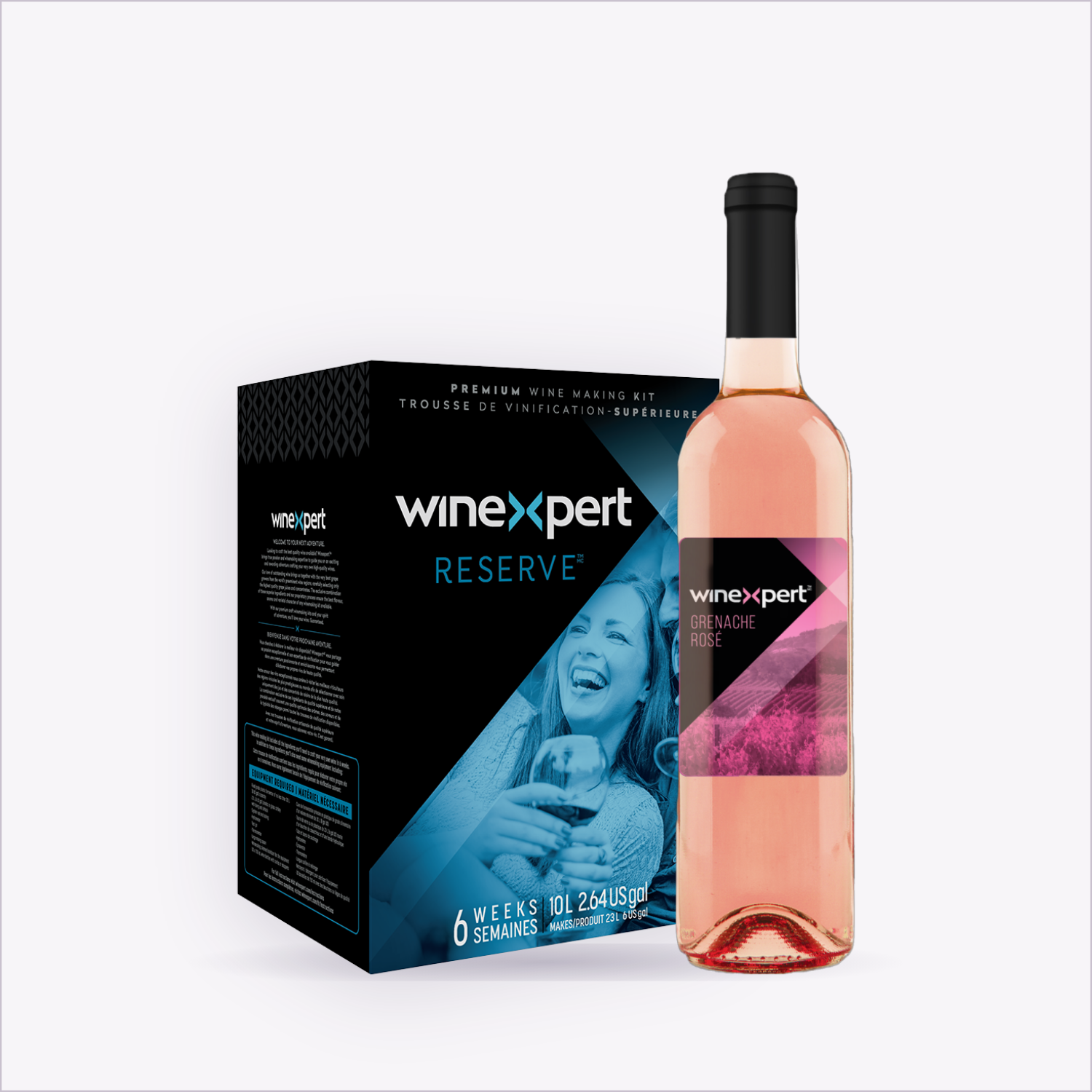 Winexpert Reserve Grenache Rosé — wine kit box and finished bottle