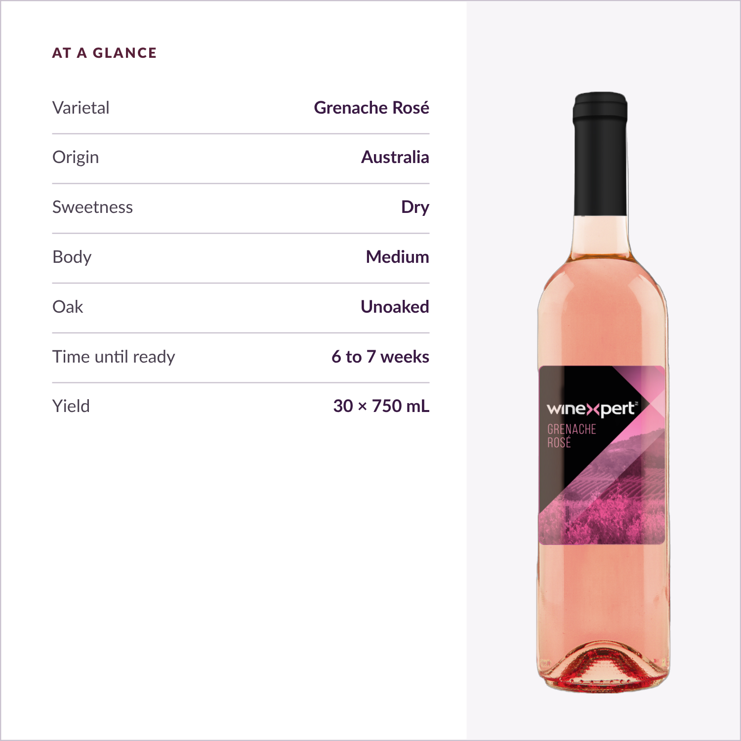 Winexpert Reserve Grenache Rosé — at a glance: varietal, origin, sweetness, body, oak, time, yield