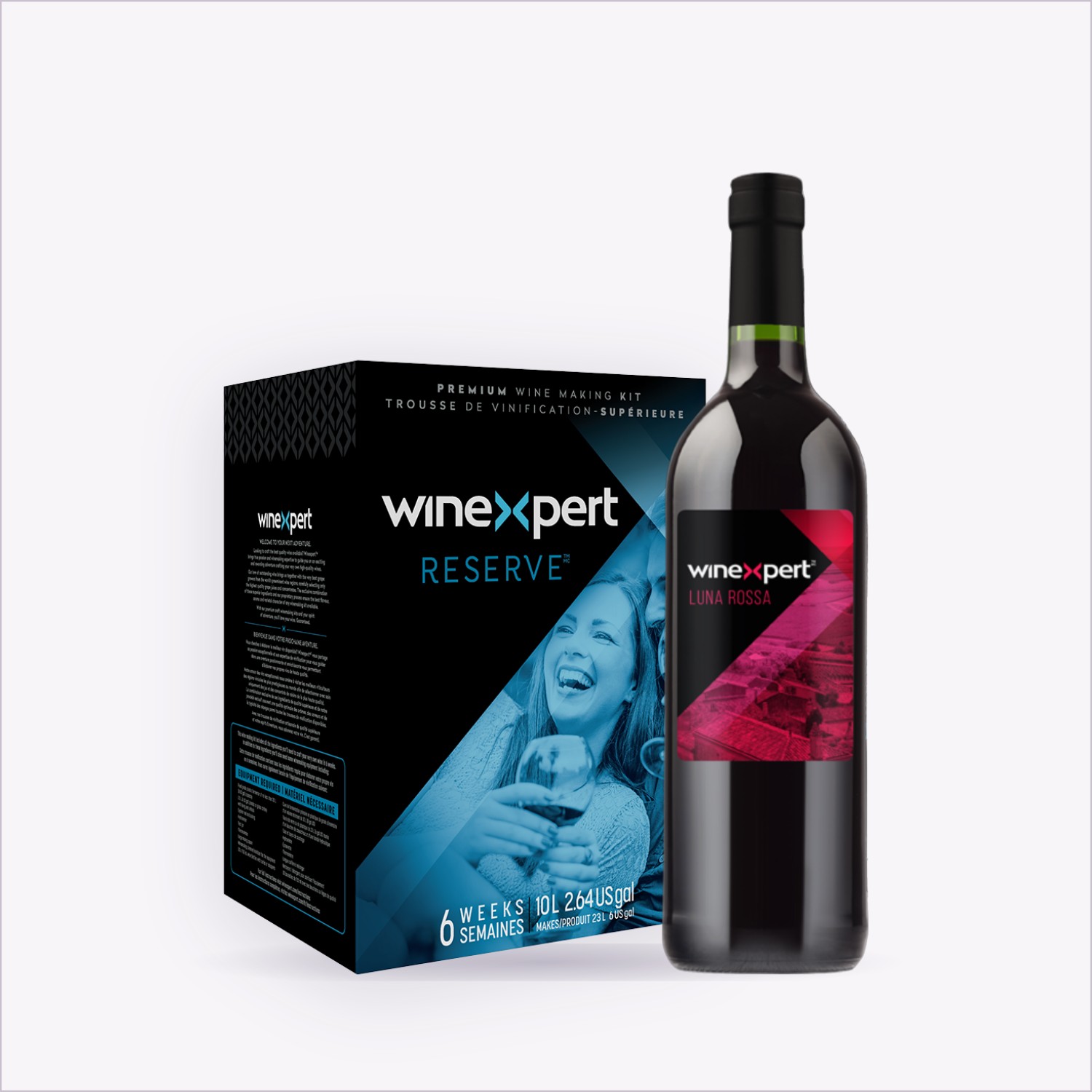 Winexpert Reserve Luna Rossa — wine kit box and finished bottle