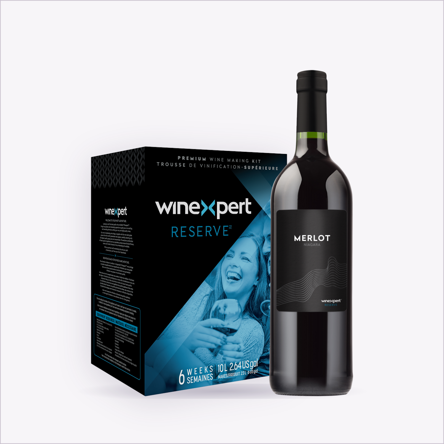 Winexpert Reserve Merlot Niagara wine kit box with a finished bottle of Merlot