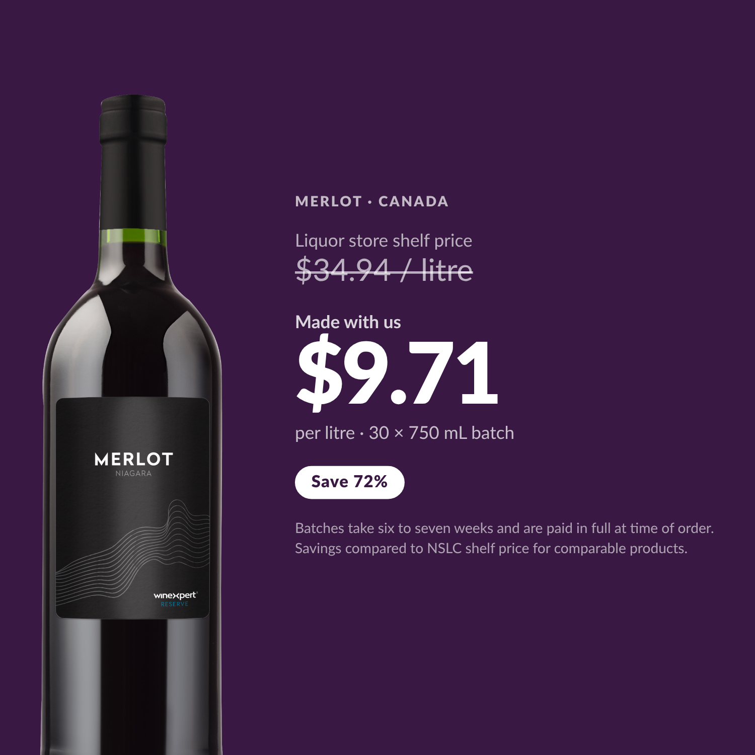 Made with us $9.71 per litre versus $34.94 liquor store shelf price - save 72%