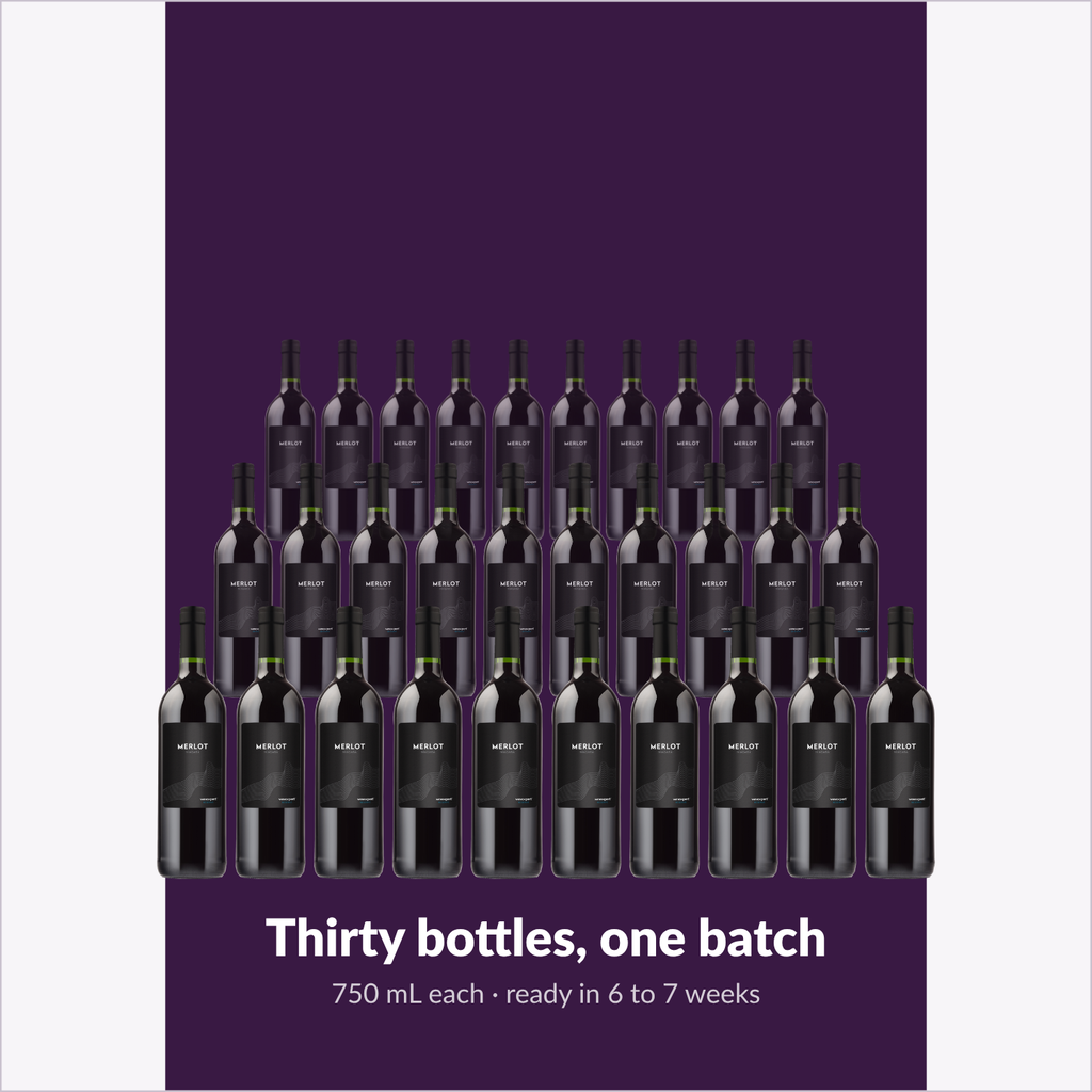 Thirty 750 mL bottles from one batch of Winexpert Reserve Merlot Niagara