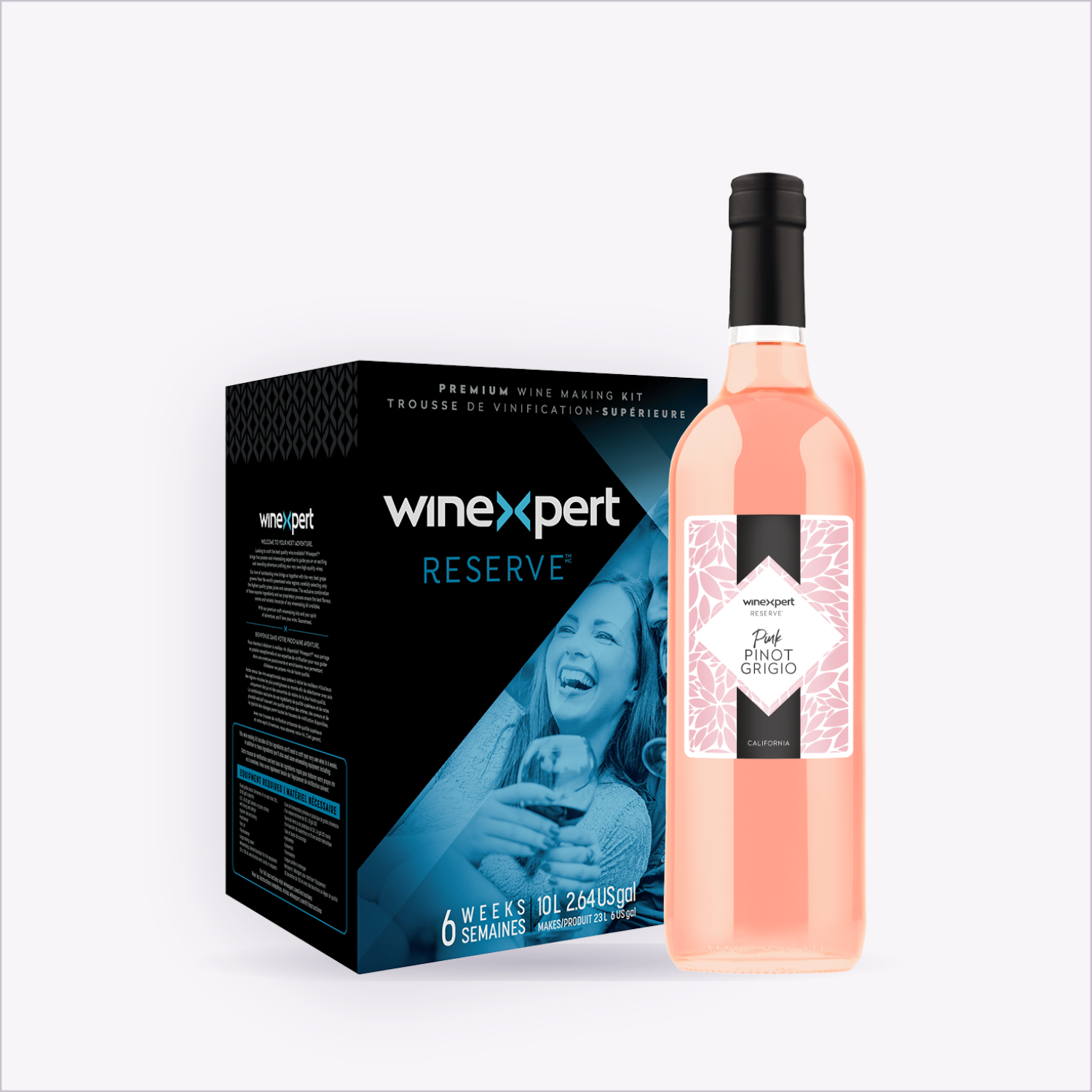 Winexpert Reserve Pink Pinot Grigio — wine kit box and finished bottle