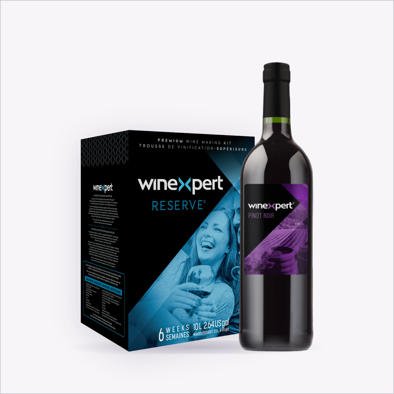 Winexpert Reserve Pinot Noir — wine kit box and finished bottle