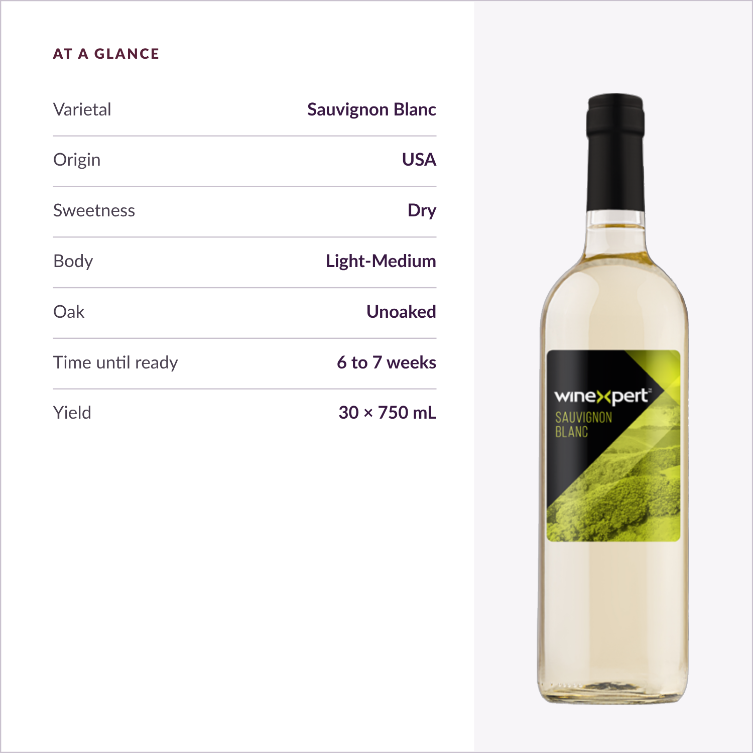 Winexpert Reserve Sauvignon Blanc — at a glance: varietal, origin, sweetness, body, oak, time, yield
