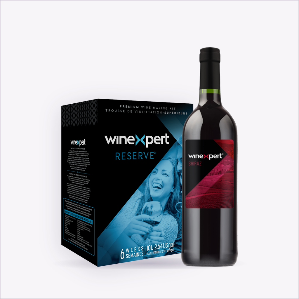 Winexpert Reserve Shiraz — wine kit box and finished bottle