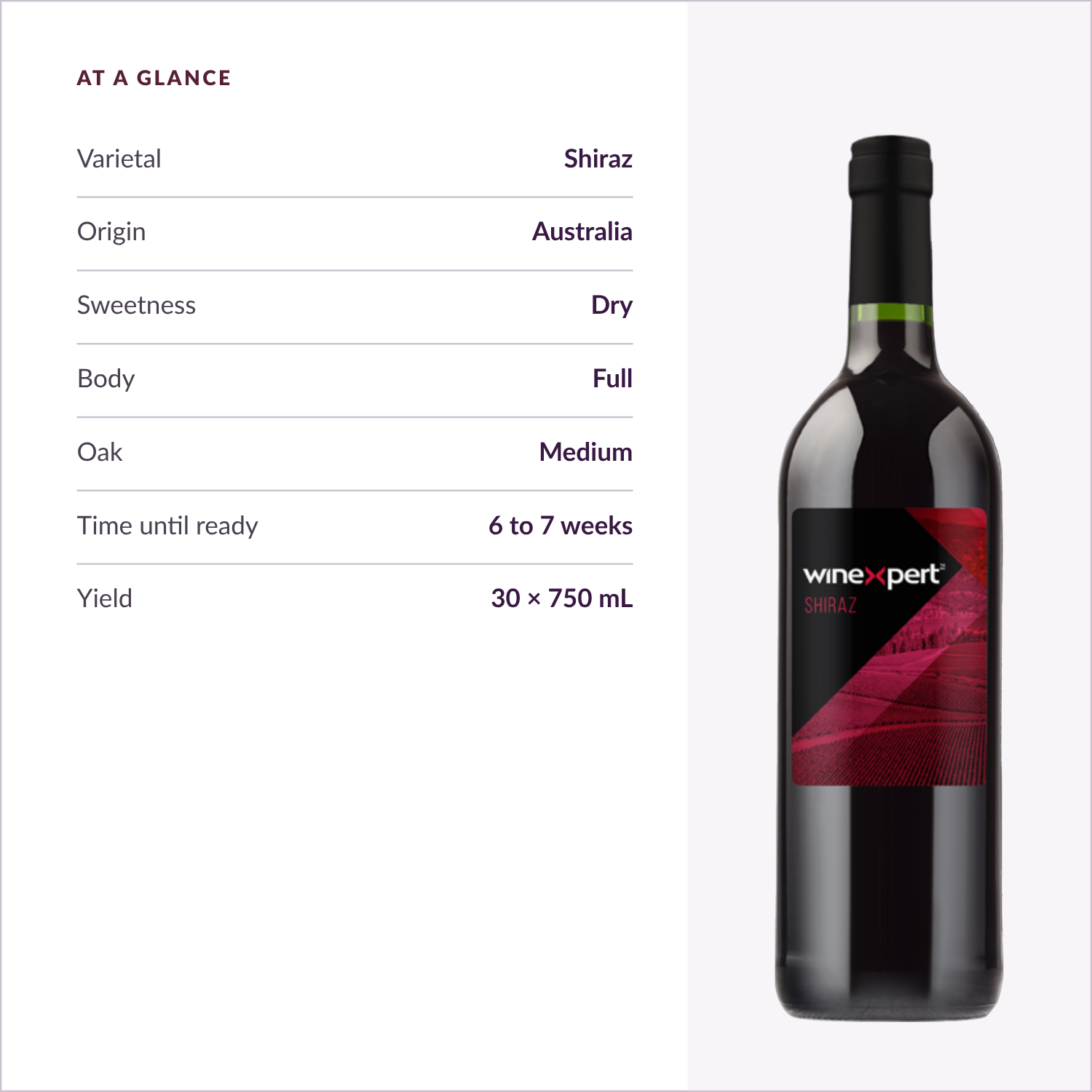 Winexpert Reserve Shiraz — at a glance: varietal, origin, sweetness, body, oak, time, yield