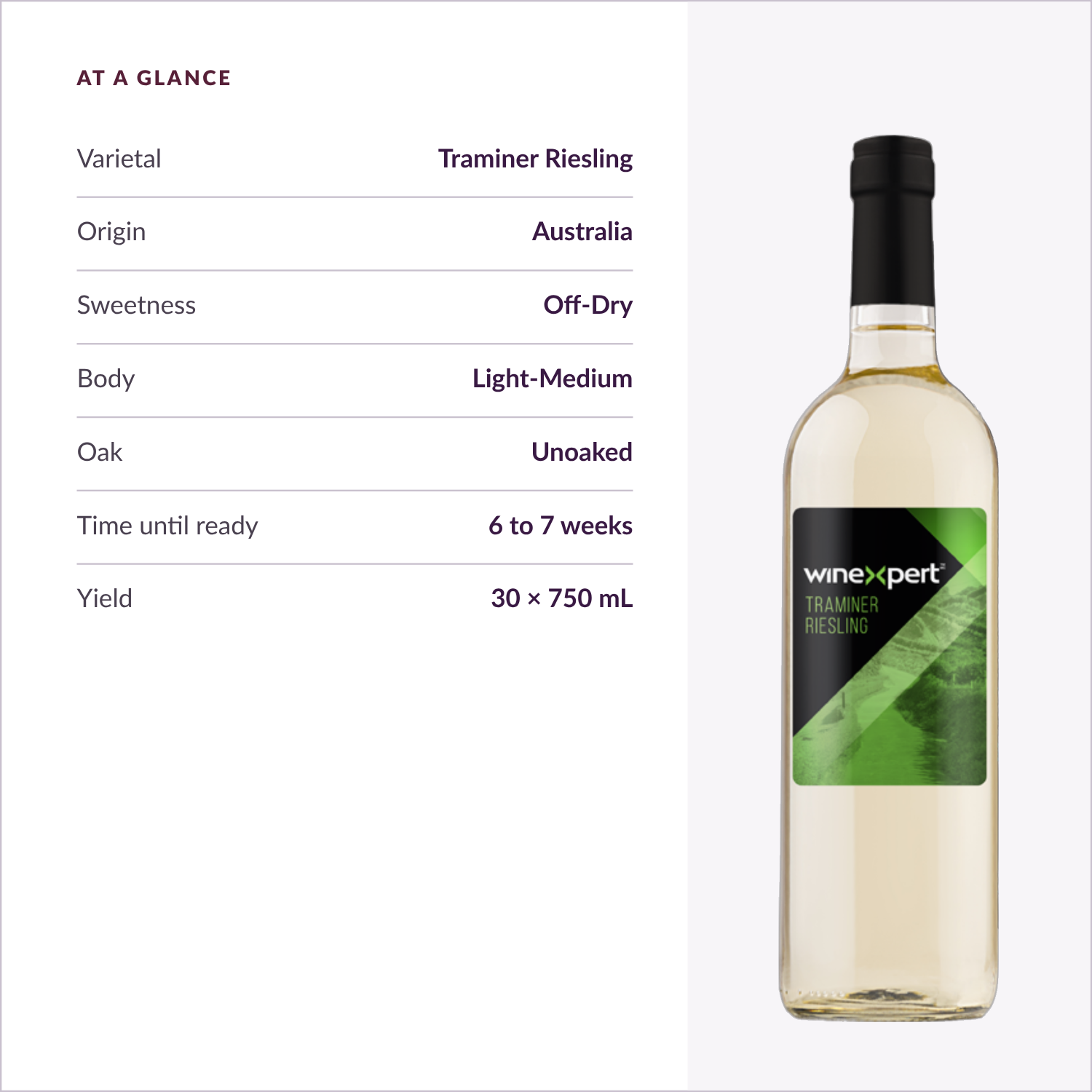 Winexpert Reserve Traminer Riesling — at a glance: varietal, origin, sweetness, body, oak, time, yield