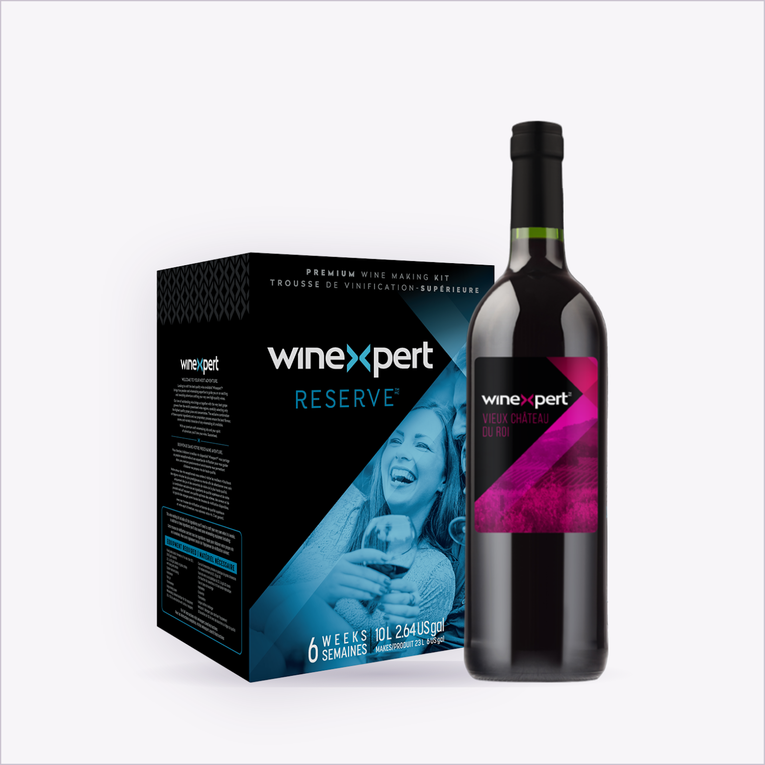Winexpert Reserve Vieux Château du Roi — wine kit box and finished bottle