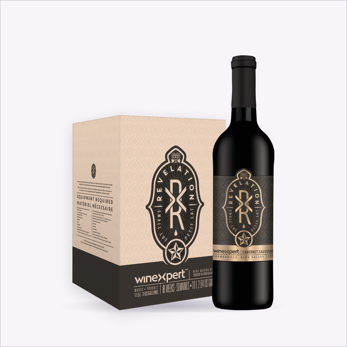 Winexpert Revelation 2026 wine kit box and finished bottle of Coombsville Napa Valley Cabernet Sauvignon