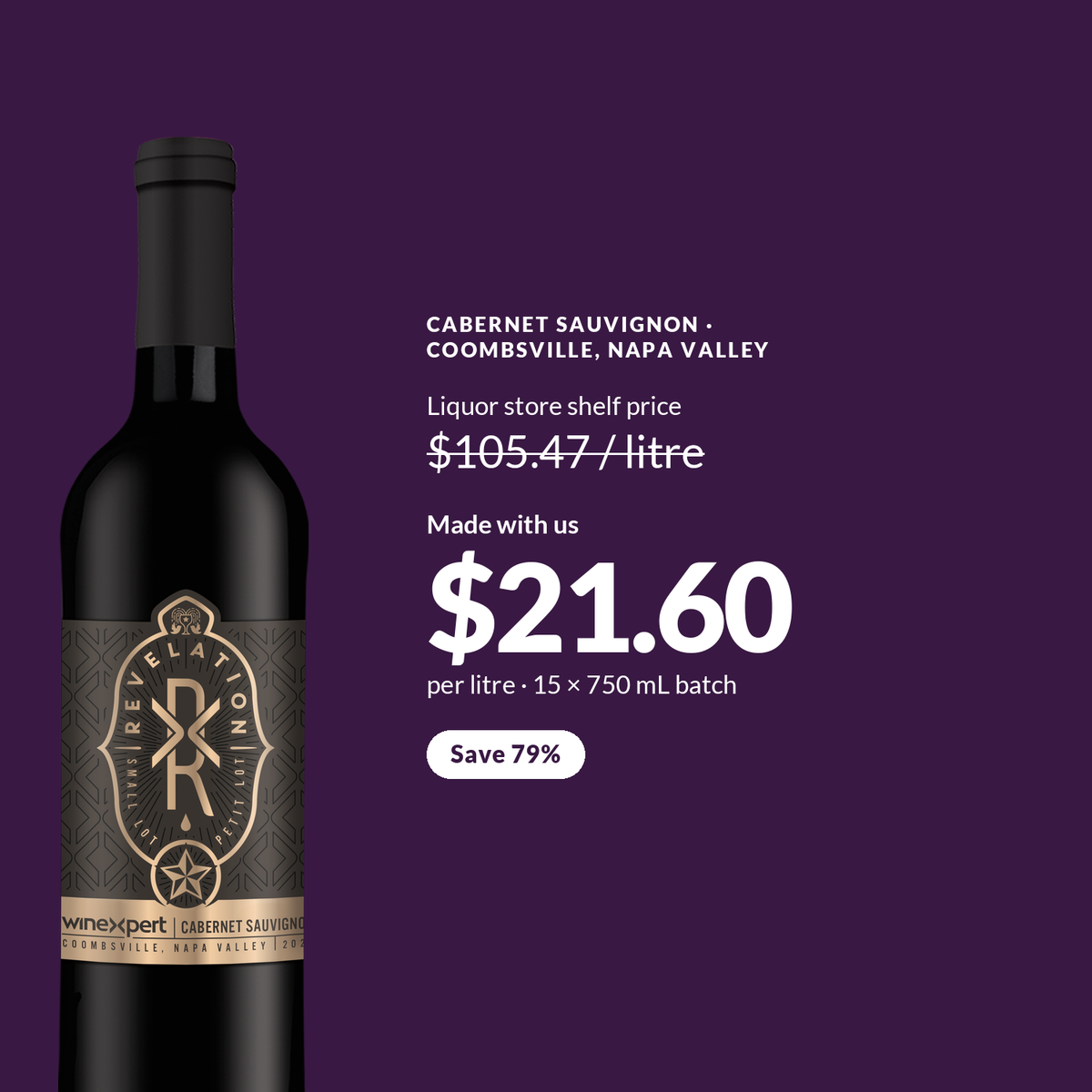 Winexpert Revelation 2026 costs about $21.60 per litre made at Water'n'Wine, against a liquor store shelf price of $105.47 per litre - a saving of 79%